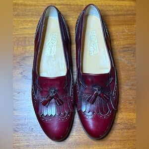 Salvatore Ferragamo Kiltie Tasselled Loafers, Burgundy, Size 12D, Made in Italy
